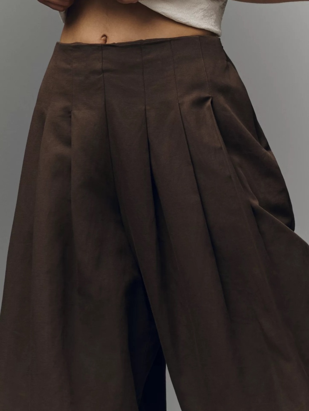Anthropologie Maeve Pleated Trousers Wide Barrel Leg Cotton Linen Blend BROWN - Picture 5 of 8